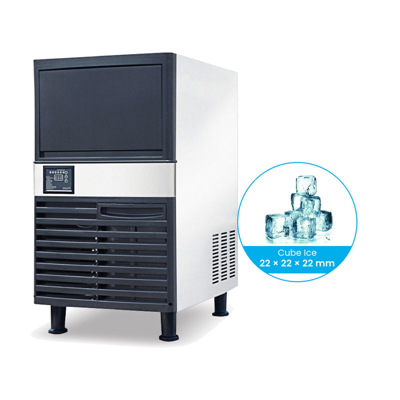 Blizzard SN-80P compact underbench ice maker, angled view: stainless steel sides, black ice bin door and vented front, control panel and four legs, with an inset of 22 x 22 x 22 mm cube ice