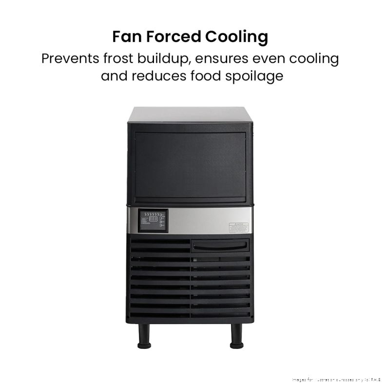 Blizzard SN-80P ice maker front view with the heading Fan Forced Cooling, which prevents frost build-up and keeps cooling even