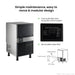 Blizzard SN-80P ice maker features: close-up of the fully automatic control panel, and a diagram of the removable water filter connected to the water source, power and drain pipe