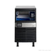 Blizzard SN-80P ice maker front view with the bin door shown see-through, revealing the ice-making evaporator and blue-lit interior