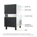 Blizzard SN-80P ice maker with labels pointing to the ice bin lid, LDPE ice bin, control panel, ventilation window panel and feet