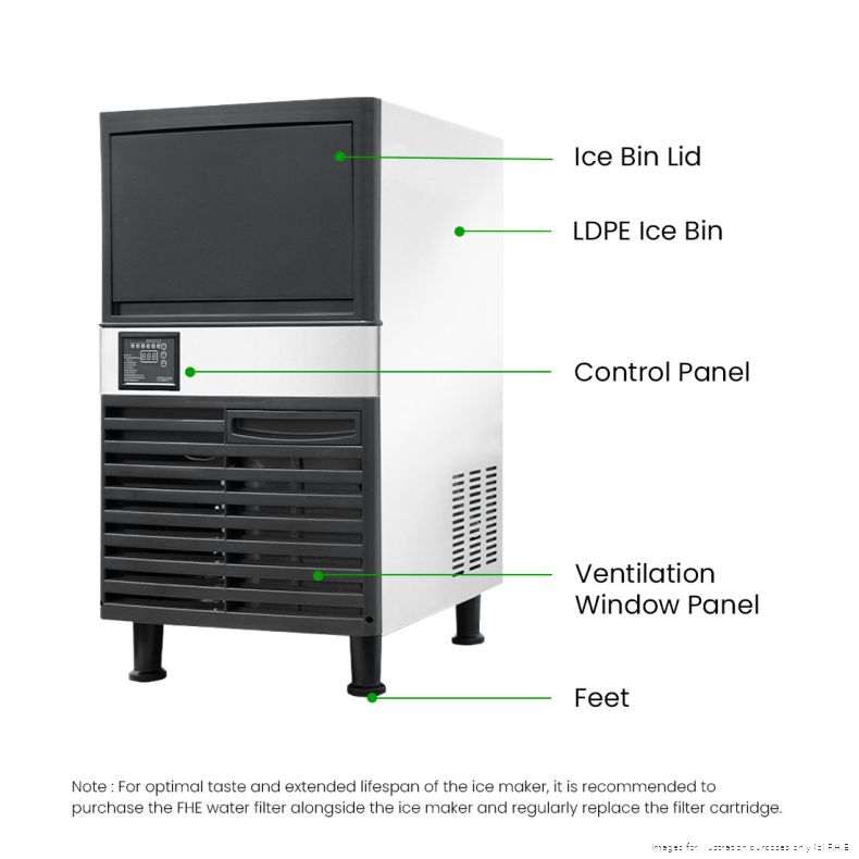 Blizzard SN-80P ice maker with labels pointing to the ice bin lid, LDPE ice bin, control panel, ventilation window panel and feet