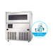 Blizzard SN-81B underbench ice maker, angled view: stainless steel cabinet with a windowed ice bin door, control panel, vented lower front and feet, with an inset of 22 x 22 x 22 mm cube ice
