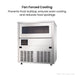 Blizzard SN-81B ice maker front view with the heading Fan Forced Cooling, which prevents frost build-up and keeps cooling even