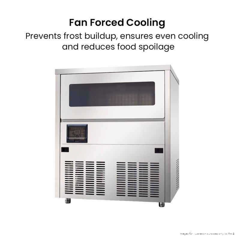 Blizzard SN-81B ice maker front view with the heading Fan Forced Cooling, which prevents frost build-up and keeps cooling even