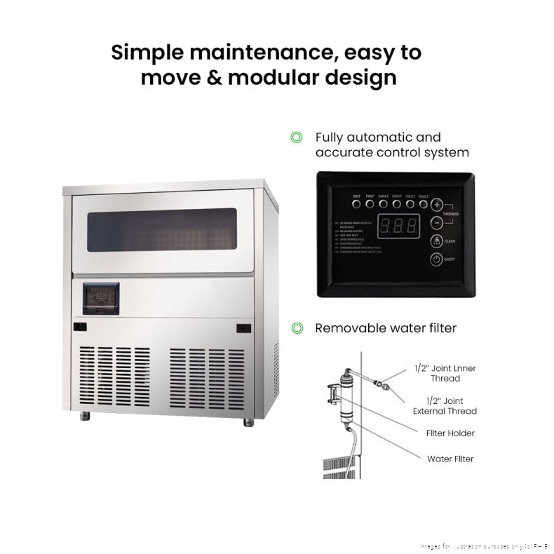 Blizzard SN-81B ice maker features: fully automatic control panel and a removable water filter, with a diagram of the filter connections