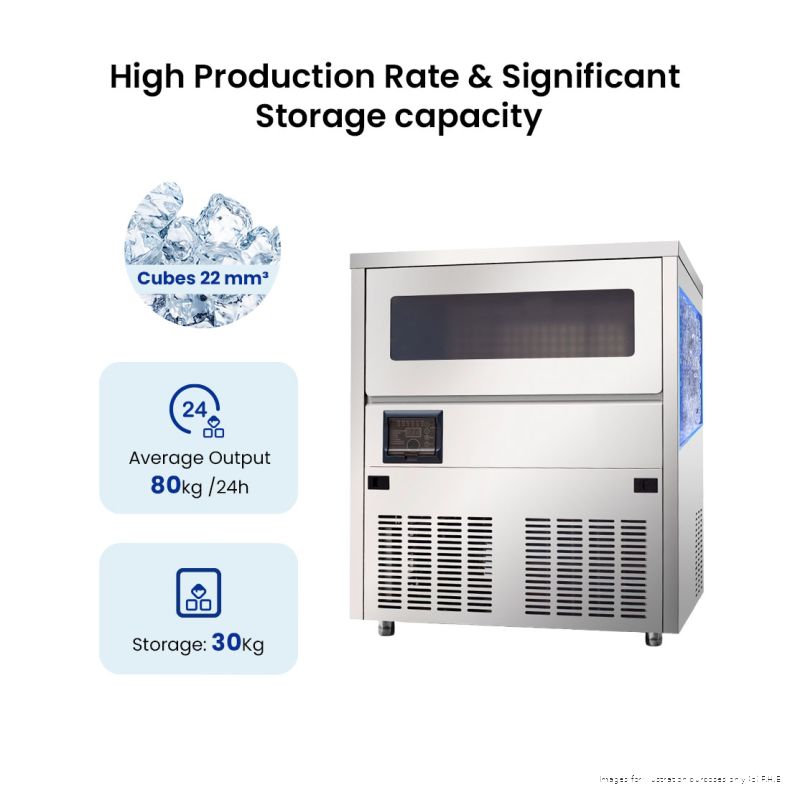 Blizzard SN-81B ice maker output: 22 mm cube ice, average 80 kg of ice per 24 hours and 30 kg storage capacity