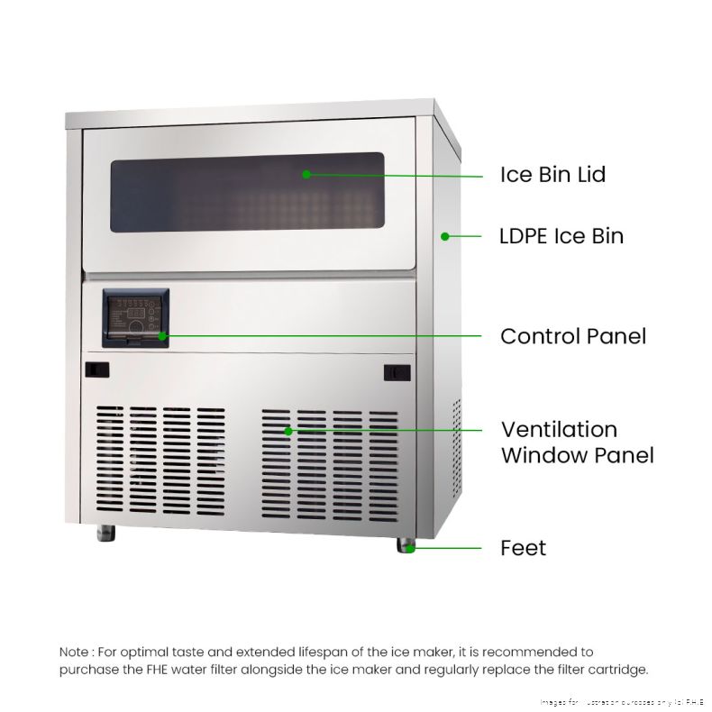 Blizzard SN-81B ice maker with labels pointing to the ice bin lid, LDPE ice bin, control panel, ventilation window panel and feet