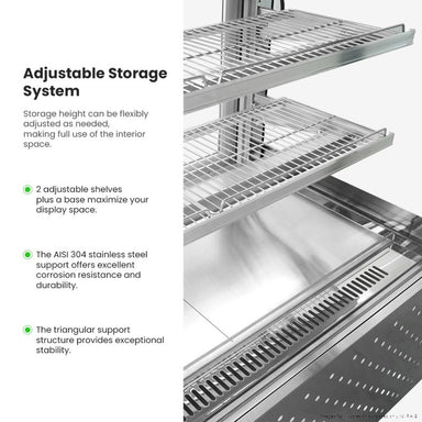 Bonvue SG200FA-2XB adjustable storage system, close-up of the height-adjustable shelves on stainless steel supports