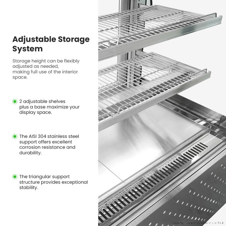 Bonvue SG200FA-2XB adjustable storage system, close-up of the height-adjustable shelves on stainless steel supports