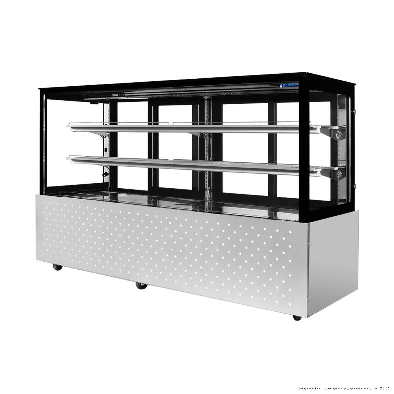 Bonvue SG200FA-2XB chilled food display, angled view showing the glass end panel, two shelves and stainless steel base