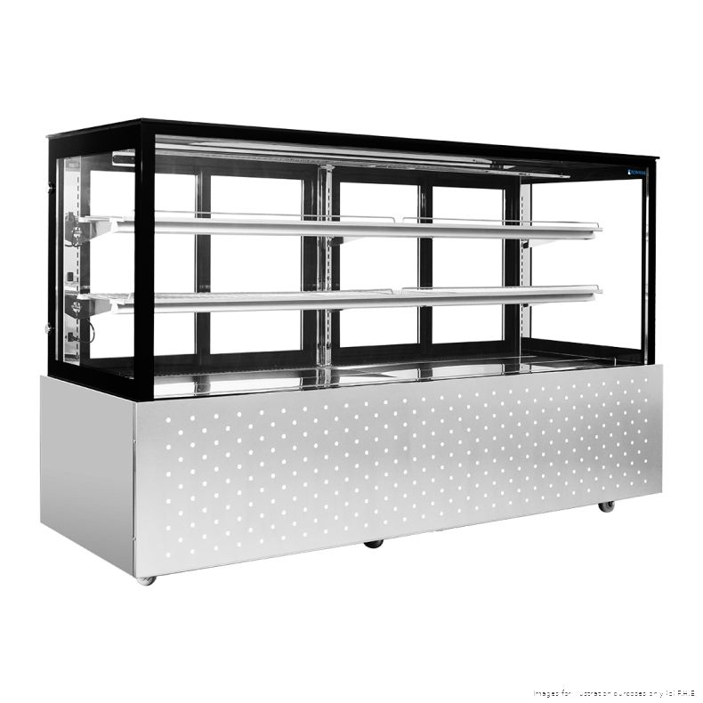 Bonvue SG200FA-2XB 2000 mm wide chilled food display, angled front view of the empty black-framed glass cabinet with two shelves above a dimpled stainless steel base