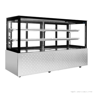 Bonvue SG200FA-2XB 2000 mm wide chilled food display, angled front view of the empty black-framed glass cabinet with two shelves above a dimpled stainless steel base