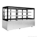 Bonvue SG200FA-2XB 2000 mm wide chilled food display, angled front view of the empty black-framed glass cabinet with two shelves above a dimpled stainless steel base