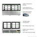 Bonvue SG200FA-2XB front and rear views with labelled features: digital temperature display, triple-glazed front with heated filaments, adjustable shelves with LED lighting, stainless steel construction, rear sliding glass doors, digital temperature control and self-evaporating drainage