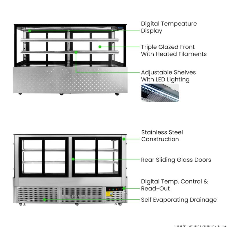 Bonvue SG200FA-2XB front and rear views with labelled features: digital temperature display, triple-glazed front with heated filaments, adjustable shelves with LED lighting, stainless steel construction, rear sliding glass doors, digital temperature control and self-evaporating drainage