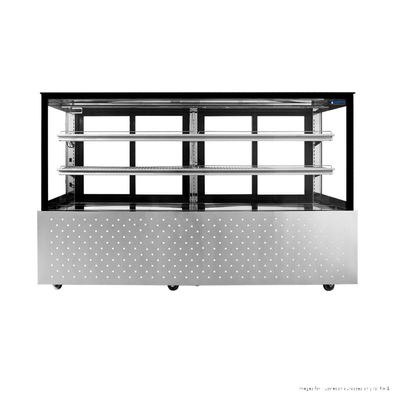 Bonvue SG200FA-2XB chilled food display, straight front view of the empty glass cabinet with two long shelves on a dimpled stainless steel base