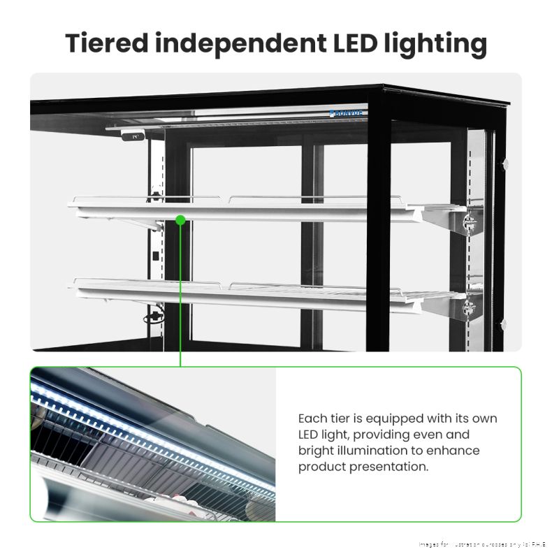 Bonvue SG200FA-2XB tiered LED lighting, with a close-up of the light strip under each shelf
