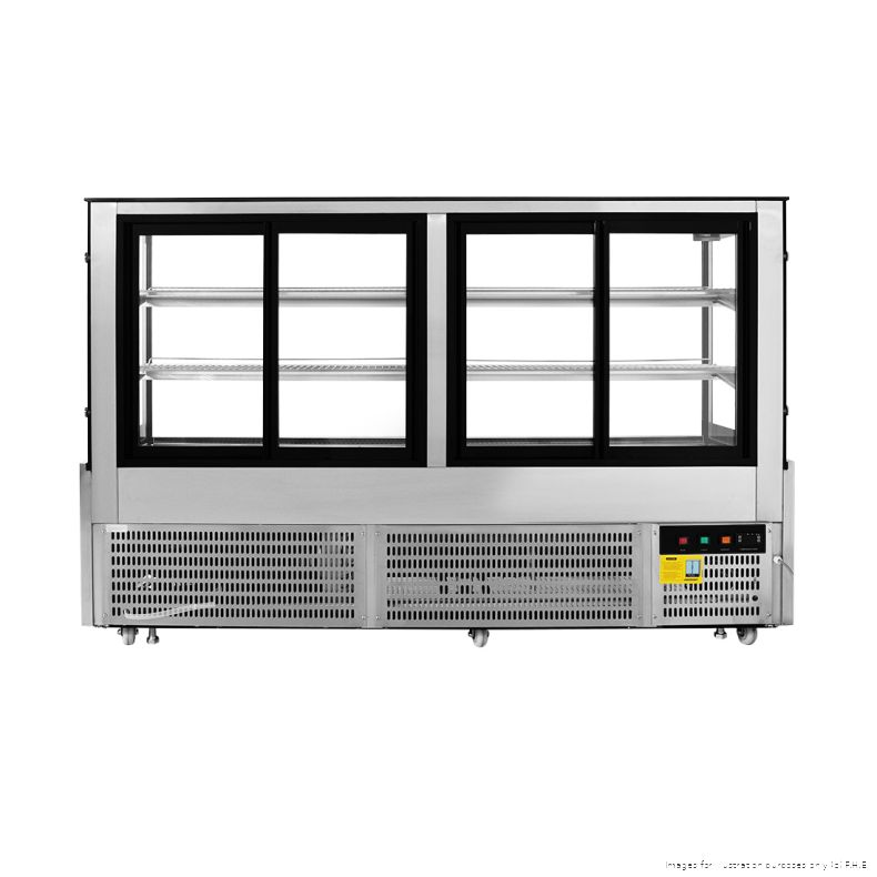 Bonvue SG200FA-2XB rear view showing two pairs of sliding glass doors for staff access, the ventilation grille and control panel in the base