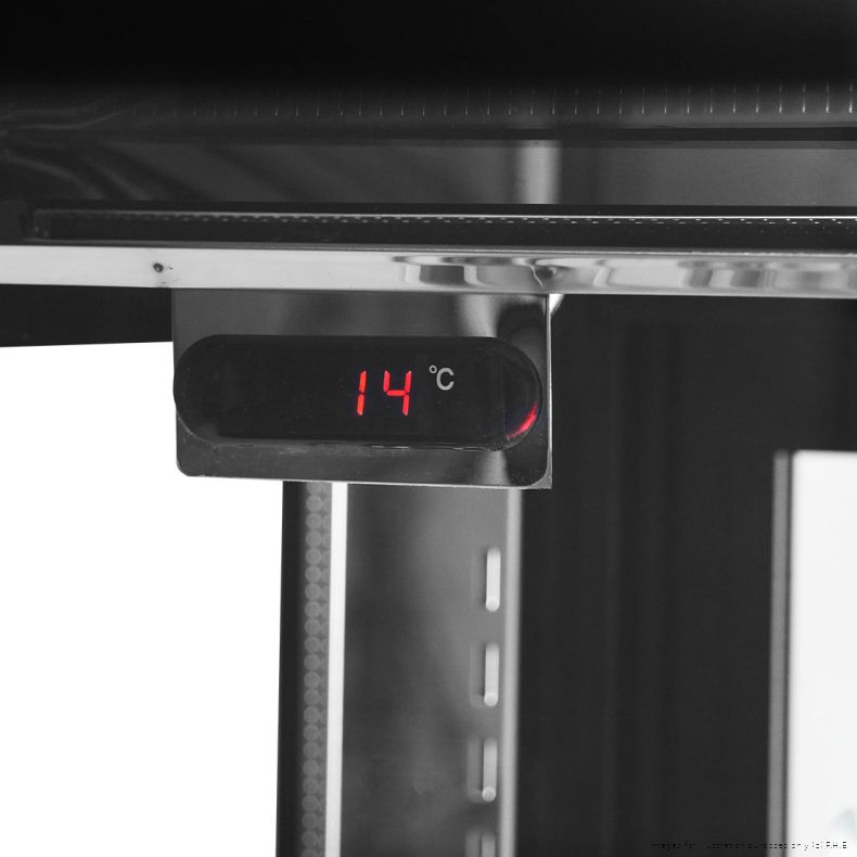 Bonvue SG200FA-2XB close-up of the digital temperature display reading 14 degrees, mounted inside the top of the cabinet