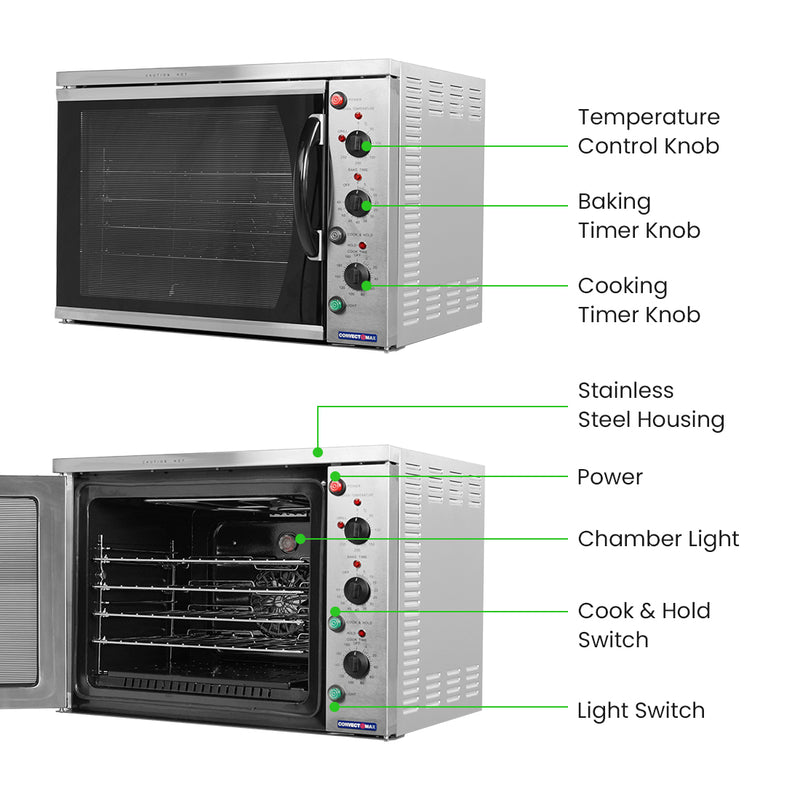ConvectMax YXD-6A electric convection oven, feature callouts showing the key parts of the oven