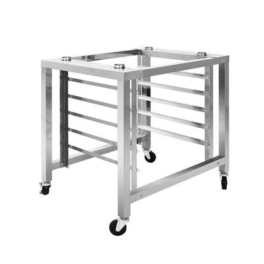 ConvectMax YXD-6A-S convection oven stand, angled view showing the tray runners and castors