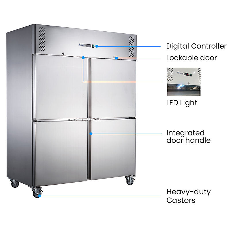 FED-X XURC1410S2V stainless steel four door upright fridge features – digital controller, lockable door, LED light and heavy-duty castors