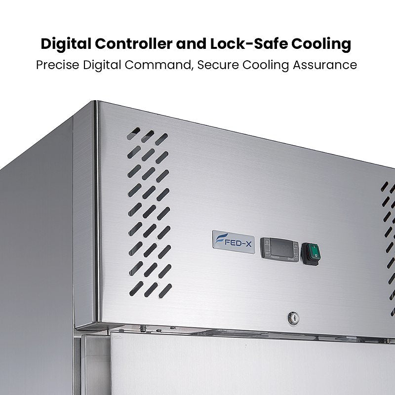 FED-X XURC1410S2V stainless steel four door upright fridge digital controller and lockable door