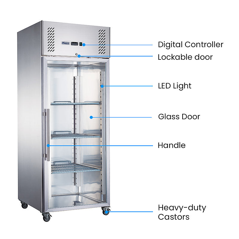 FED-X XURC600G1V stainless steel glass door upright fridge features – digital controller, lockable door, LED light and heavy-duty castors