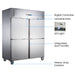 FED-X XURF1410S2V stainless steel four door upright freezer features – digital controller, lockable door, LED light and heavy-duty castors