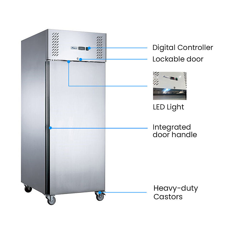 FED-X XURF650SFV stainless steel single door upright freezer features – digital controller, lockable door, LED light and heavy-duty castors