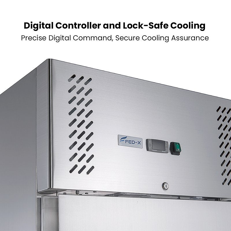 FED-X XURF650SFV stainless steel single door upright freezer digital controller and lockable door