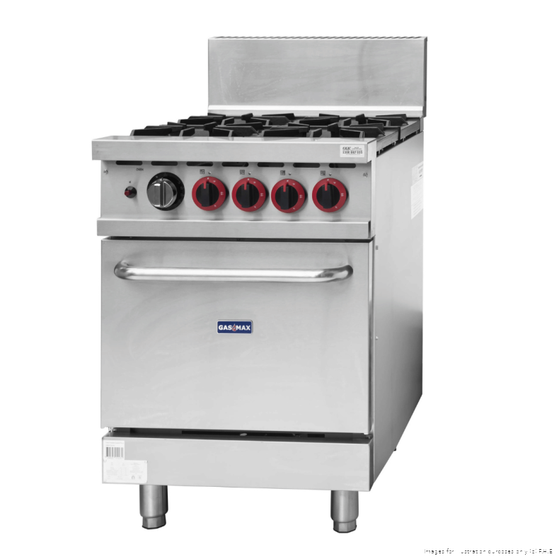 Gasmax GBS4TS 4 burner natural gas range with oven, angled front view with oven door closed
