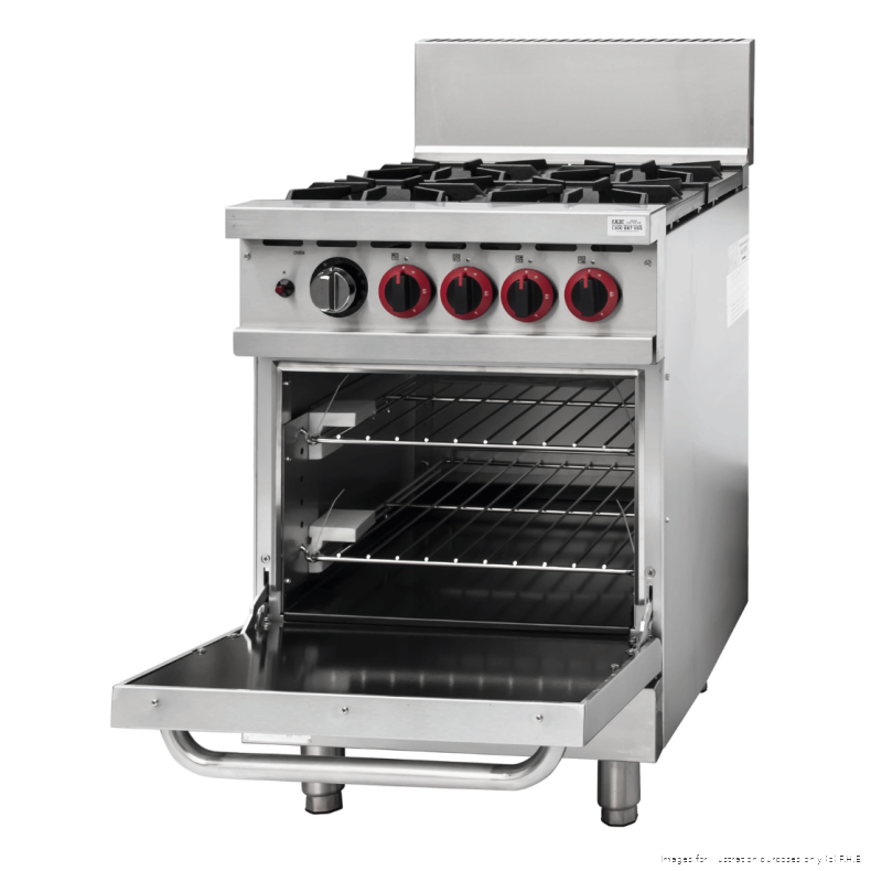 Gasmax GBS4TS 4 burner natural gas range with oven, angled view with the oven door open showing two oven racks and the oven interior
