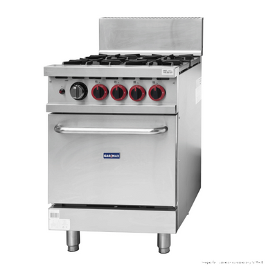 Gasmax GBS4TSLPG 4 burner LPG range with oven, angled front view with the oven door closed