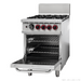 Gasmax GBS4TSLPG 4 burner LPG range with oven, angled view with the oven door open showing two oven racks and the oven interior