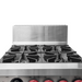 Gasmax GBS4TSLPG 4 burner LPG range with oven, close-up of the four cast iron open burners and grates with splashback