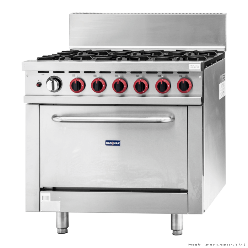 Gasmax GBS6TS 6 burner natural gas range with oven, three-quarter view with the oven door closed and side panel visible