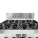 Gasmax GBS6TS 6 burner natural gas range with oven, close-up of the six cast iron open burners and grates with splashback
