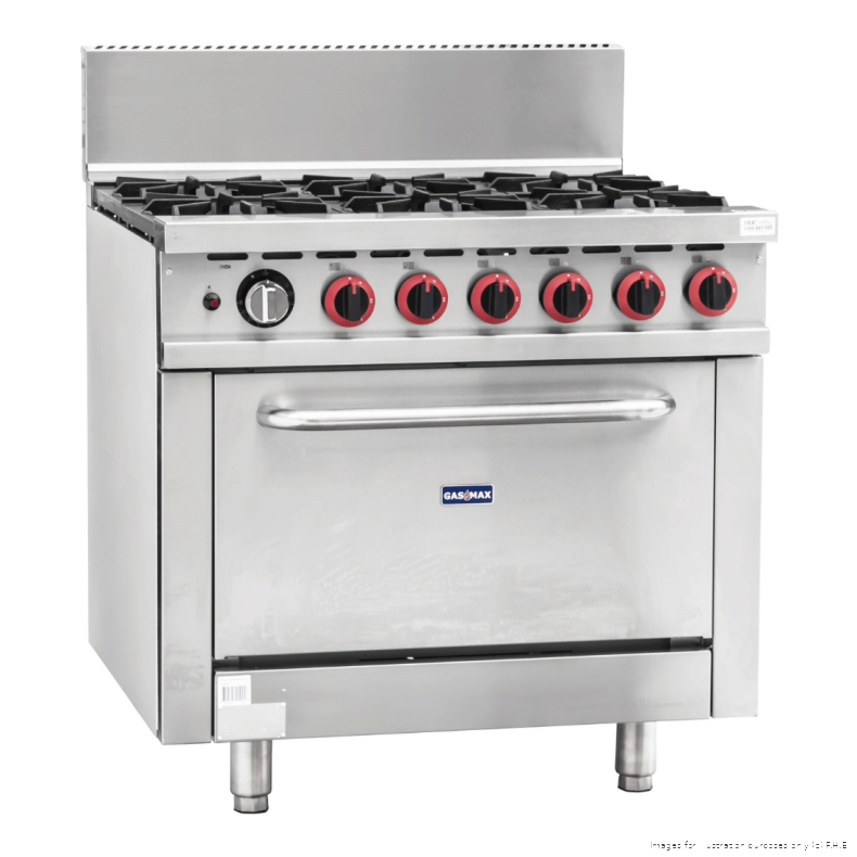 Gasmax GBS6TSLPG 6 burner LPG range with oven, angled view of the six burners with the oven door closed