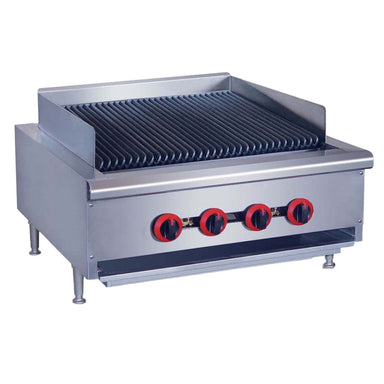 Gasmax QR-24ELPG 4 burner LPG char grill, front view showing full-width grill bars, rear splashback and four red control knobs