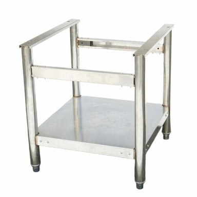 Gasmax QR-SEN series stainless steel stand with solid undershelf, angled view, representative of the QR-36-SEN to suit QR-36E and QR-36ELPG char grills
