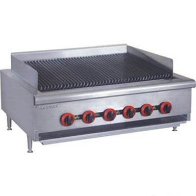 Gasmax QR-36E 6 burner natural gas char grill, angled front view with wide grill surface, rear splashback and six red control knobs