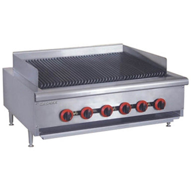 Gasmax QR-36ELPG 6 burner LPG char grill, angled front view with stainless body, grill bars and six red control knobs