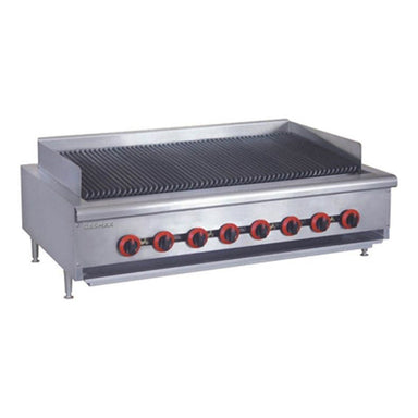 Gasmax QR-48E 8 burner natural gas char grill, angled front view of the 1218mm wide grill with eight red control knobs