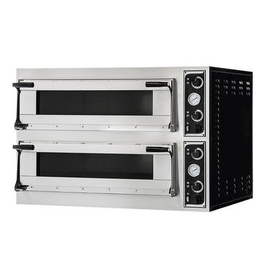 Prismafood TP-2 double deck electric pizza oven, angled front view showing both glass doors, controls and side vents