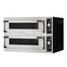 Prismafood TP-2 double deck electric pizza oven, angled front view showing both glass doors, controls and side vents