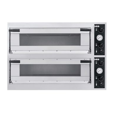 Prismafood TP-2 double deck electric pizza oven, front view of both decks with separate control panels