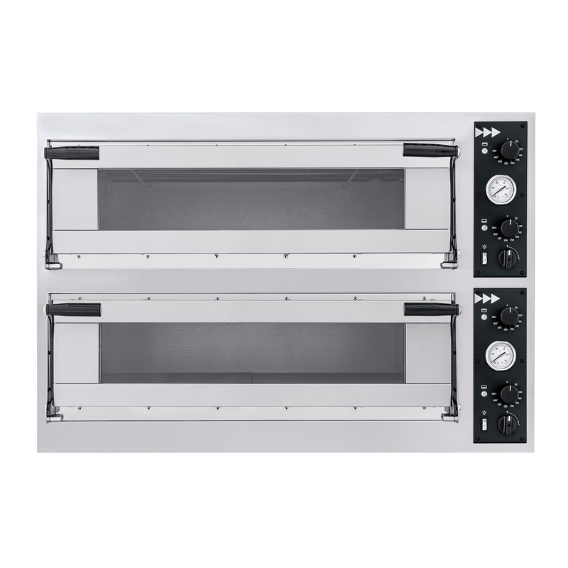 Prismafood TP-2 double deck electric pizza oven, front view of both decks with separate control panels