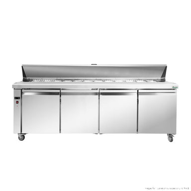Thermaster SLB240 four-door sandwich bar, straight front view with the stainless steel lid raised over the pan well and four solid doors below on castors